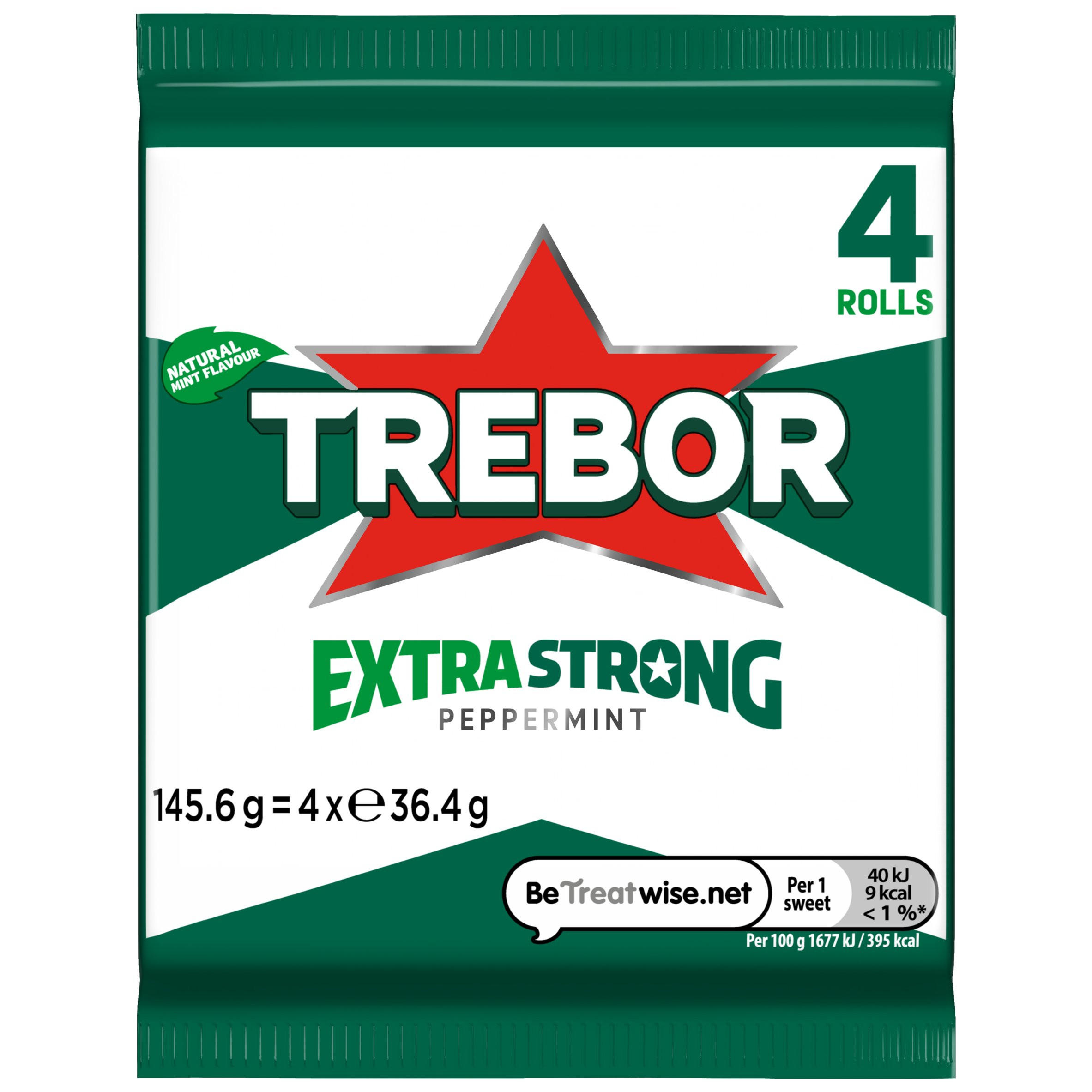 Trebor Extra Strong Peppermint Mints Rolls 4 Pack 145g (4 x 36.4g) - Image 1